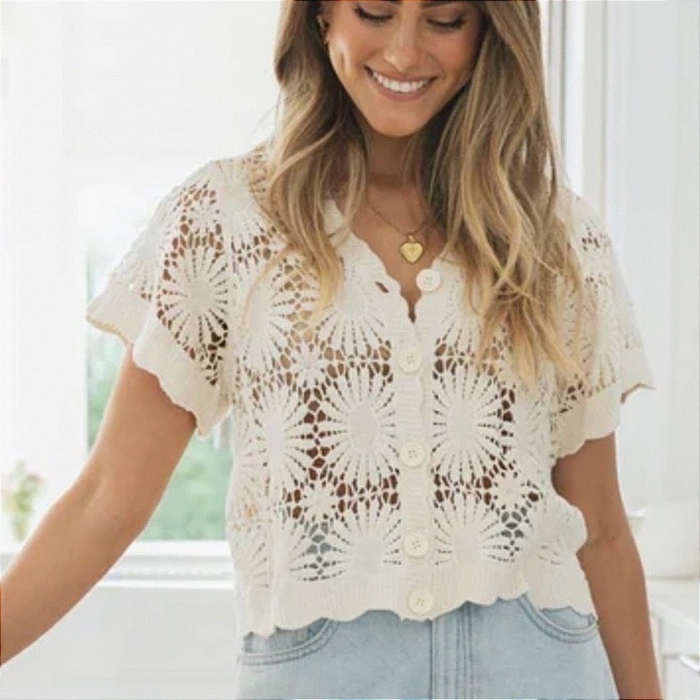 Rebellion Crochet Cardigan Cream Boho‎ Floral Open Knit Button Front Size M